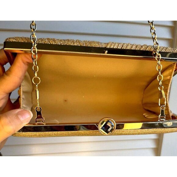 Gold Metallic Women's Handbag w/ Jeweled Snap Closure and Chain Strap - Picture 5 of 9